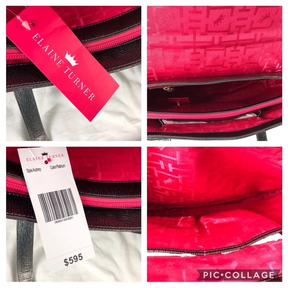 New Elaine Turner Aubrey Stamped Platinum Leather Large Shoulder Bag - Picture 5 of 12